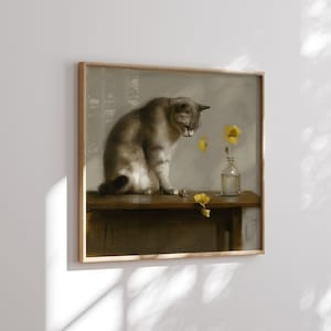 May include: A gray cat sits on a wooden shelf, looking down at a small yellow flower. The flower is in a clear glass vase with a yellow flower on a wooden shelf.