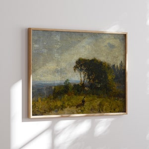 Può includere: Un dipinto di paesaggio incorniciato che rappresenta una scena rurale con un gruppo di alberi in primo piano e un orizzonte lontano. Il cielo è di un grigio tenue con sfumature di blu, e gli alberi sono di un verde intenso. Il dipinto è in una cornice di legno semplice.