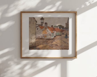 Vista de una pintura de pueblo, impresión de arte vintage, arte de pared con impresión de lienzo, descarga digital, reproducción de pintura antigua impresa y enviada