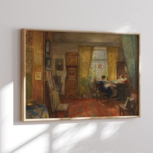 May include: A painting depicting a woman sitting at a desk in a room with a window, a bookshelf, and a rug. The woman is wearing a dark dress and is writing on a piece of paper. The room is decorated with a variety of objects, including a vase of flowers, a lamp, and a framed picture.