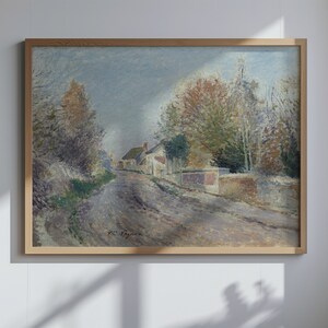 May include: A painting of a country road with houses and trees on either side. The road is winding and the sky is a light blue. The painting is done in a style reminiscent of Impressionism.