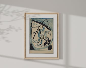 Pode incluir: Uma pintura abstrata de aquarela emoldurada em tons de azul e preto. A pintura apresenta formas geométricas e linhas, com a palavra "ALMANACH" escrita em letras pretas.