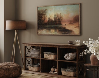 May include: A dark wood bookcase with six shelves, featuring a painting of a landscape with a building in the background. The bookcase has a decorative X-shaped design on the front and is decorated with baskets, a decorative object, and a pair of shoes.
