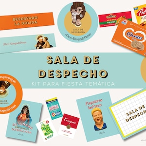 Puede incluir: Una colección de materiales impresos para fiestas con el texto Sala de Despecho, que incluye carteles de mesa naranjas y azules, pegatinas circulares, tarjetas rectangulares y letreros cuadrados con diversas ilustraciones y frases en español.