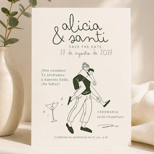 Puede incluir: Una tarjeta rectangular de save the date para boda con texto en verde oscuro y un dibujo lineal de una persona cargando a otra en la espalda. La tarjeta incluye los nombres Alicia & Santi, la fecha 27 de agosto de 2027 y el lugar Jardín Chapultepec.