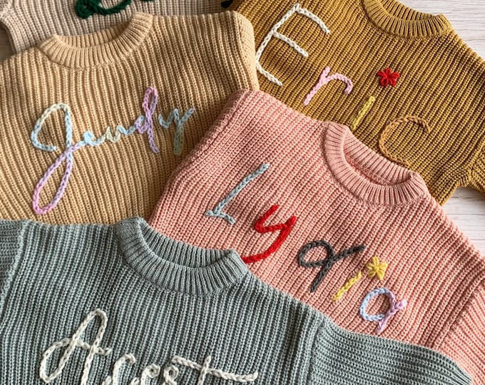 Personalized custom baby sweaters: hand embroidered with love and care! Celebrate their names with adorable embroidery!