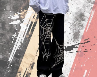 Gothic Spider Web Print Jeans, Grunge Pants, Alt Clothing, Punk Pants, Oversized Wide Leg Trousers, Y2K Fashion, Goth Clothes