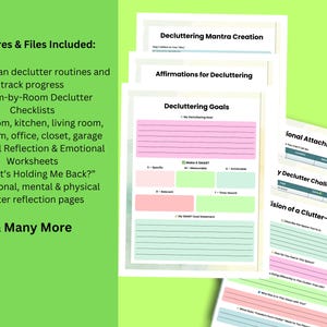 Pu&ograve; includere: Una raccolta di fogli di lavoro e liste di controllo per il decluttering stampabili. I documenti includono l'impostazione degli obiettivi, pagine di riflessione e liste di controllo stanza per stanza. Il testo include "Obiettivi di decluttering".