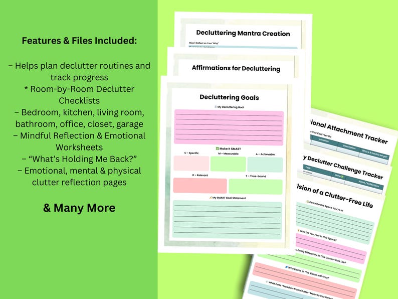 Pu&ograve; includere: Una raccolta di fogli di lavoro e liste di controllo per il decluttering stampabili. I documenti includono l'impostazione degli obiettivi, pagine di riflessione e liste di controllo stanza per stanza. Il testo include "Obiettivi di decluttering".