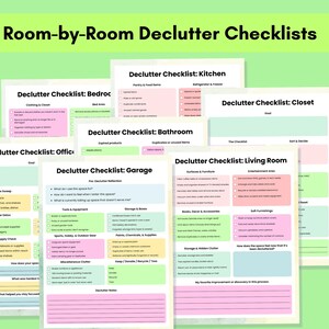 Pu&ograve; includere: Una raccolta di liste di controllo per il decluttering di varie stanze, tra cui cucina, camera da letto, armadio, bagno, ufficio, soggiorno e garage. Ogni lista di controllo presenta una combinazione di colori pastello e suggerimenti per organizzare e semplificare gli spazi.