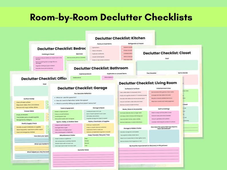 Pu&ograve; includere: Una raccolta di liste di controllo per il decluttering di varie stanze, tra cui cucina, camera da letto, armadio, bagno, ufficio, soggiorno e garage. Ogni lista di controllo presenta una combinazione di colori pastello e suggerimenti per organizzare e semplificare gli spazi.
