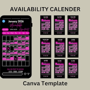 Puede incluir: Una plantilla de calendario de disponibilidad digital con fondo negro y acentos rosas. La pantalla principal muestra enero de 2026 con espacios para citas. También se muestran vistas de calendario adicionales para otros meses. El texto incluye "Calendario de disponibilidad" y "Plantilla de Canva."