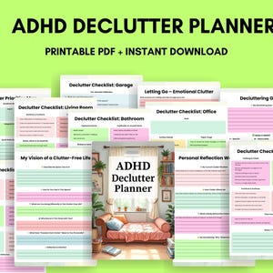 May include: A digital ADHD declutter planner with 50 pages, available as a printable PDF and instant download. The planner includes checklists for various rooms, decluttering goals, and personal reflection prompts. The cover features the text "ADHD Declutter Planner".