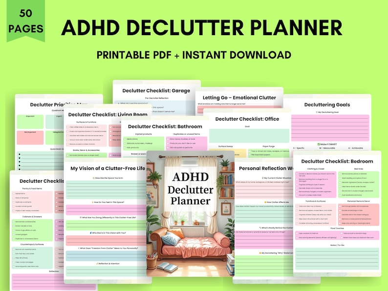 Pu&ograve; includere: Un pianificatore digitale di decluttering per ADHD con 50 pagine, disponibile come PDF stampabile e download immediato. Il pianificatore include liste di controllo per varie stanze, obiettivi di decluttering e suggerimenti di riflessione personale. La copertina presenta il testo "ADHD Declutter Planner".
