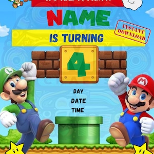 Super Mario Bros Einladung, Kindergeburtstag einladen, Super Mario Geburtstag druckbare Einladung, digitaler Download.