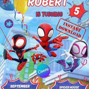 Bewerkbare Spidey verjaardagsuitnodiging Spidey verjaardagsuitnodiging Spidey en zijn geweldige vrienden Spiderman partij afdrukbare Spiderman