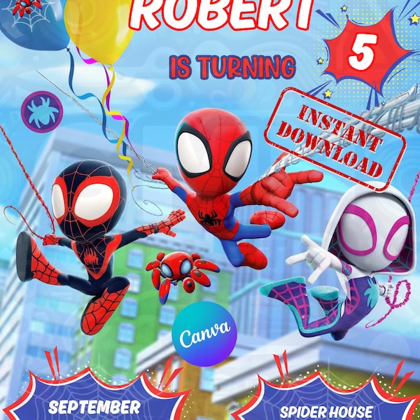 Bearbeitbare Spidey-Geburtstagseinladung. Einladung zu Spidey und seinen tollen Freunden. Spiderman-Party. Druckbare Einladung. Spidey-Geburtstag