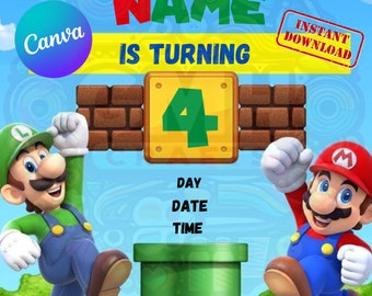 Customizable Mario Bros Invitation, Kids Birthday Invite, Super Mario Birthday Printable Invitation, Digital Download.