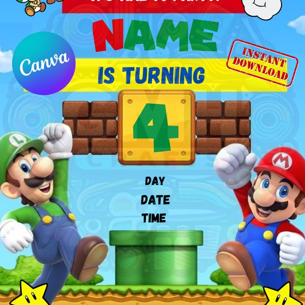 Invito personalizzabile di Mario Bros, Invito di compleanno per bambini, Invito stampabile di compleanno di Super Mario, Download digitale.