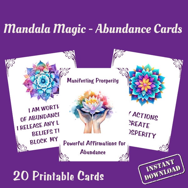 Cartes imprimables d'abondance de mandalas | Téléchargement numérique| PDF | Abondance financière | Prospérité | Cartes positives | Manifestation | Magie du mandala