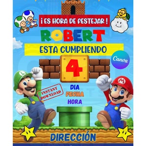Bewerkbare uitnodiging van Mario Bros, uitnodiging voor cumpleaños voor nieuwe jaren, onpersoonlijke uitnodiging voor Super Mario, digitale download