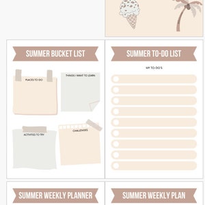 Op de afbeelding: Een printbare zomerplanner met secties voor een bucketlist, een to-do-lijst, een weekplanner en een weekplan. De planner heeft een licht roze en beige kleurenschema met illustraties van een zon, een zonnebril, een ijshoorn en een palmboom.
