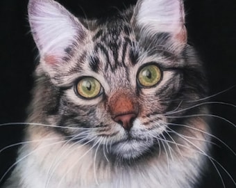 May include: A detailed portrait of a cat with green eyes and a brown nose against a black background. The cat has a mix of brown, gray, and white fur, with long whiskers. The image is a close-up, highlighting the cat's facial features.