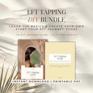 Peut inclure: Pack EFT Tapping DIY avec un guide et un script. L'image présente deux livres aux couleurs douces avec le texte "EFT Tapping Guide" et "EFT Tapping Script". Le texte "Téléchargement instantané | PDF imprimable" est également visible.