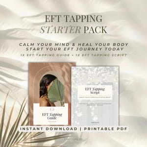 Peut inclure: Pack de démarrage EFT Tapping avec un guide et un script. Le guide présente une femme tenant une feuille de palmier. La couverture du script a un design floral. Le texte dit : Calmez votre esprit et guérissez votre corps.