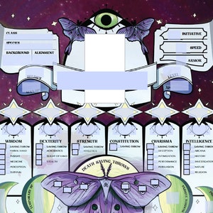 May include: A fantasy-themed character sheet with a purple and white color scheme. The sheet features sections for class, species, and abilities, with decorative butterfly and eye illustrations. The text includes terms like "Wisdom," "Dexterity," and "Saving Throw."