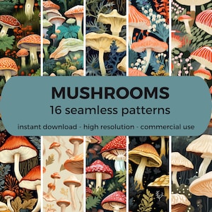 MUSHROOMS  Digital Paper - seamless pattern instant digital download printable scrapbook paper PNG