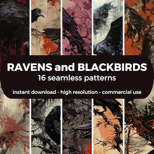 RAVENS and BLACKBIRDS -Digital Paper - seamless pattern instant digital download printable scrapbook paper PNG