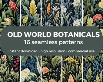 May include: A digital download of 16 seamless floral patterns in a vintage style. The patterns feature various flowers, leaves, and botanical elements in shades of green, yellow, red, and white on a black background. The text "OLD WORLD BOTANICALS 16 seamless patterns" is displayed in a grey rectangle at the top of the image.