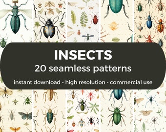 May include: A digital download of 20 seamless patterns featuring various insects, including beetles, butterflies, and moths. The patterns are illustrated in a vintage style with watercolor-like details. The text "INSECTS 20 seamless patterns" is displayed in a black banner.