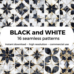 May include: 16 seamless patterns in black, white, and gold. The patterns feature a geometric design with a floral motif.  BLACK and WHITE 16 seamless patterns instant download -- high resolution -- commercial use