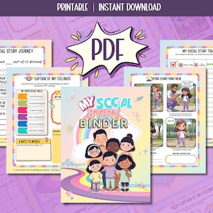 May include: A printable PDF social story binder set featuring colorful pages with illustrations of children, a rainbow, and text including My Social Story Journey, Captain of My Feelings, and My Social Story Binder, designed for tracking social progress.