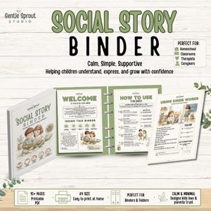 May include: A social story binder kit featuring a white cover with an illustration of two children reading, alongside open pages titled Welcome, How to Use Your Binder, and Using Kind Words. The set includes A4 size printable PDF pages.
