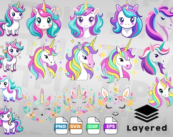 Unicorn Svg Bundle Layered Item, Clipart, Cricut, Digital Vector Cut File,  Instant Download,layered svg, cute unicorn, kawaii unicorn