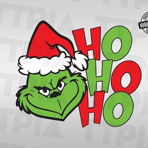 Può includere: Personaggio verde Grinch con un cappello rosso di Babbo Natale con bordo bianco, che dice "Ho Ho Ho" in lettere rosse e verdi.