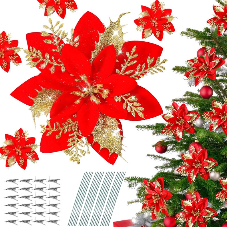24 Pieces Artificial Christmas Flowers Poinsettia Flowers Etsy UK