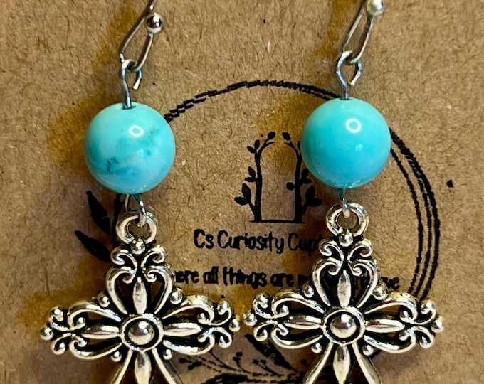 Blue Howlite Silver Cross Dangle Earrings – Southwestern Jewelry