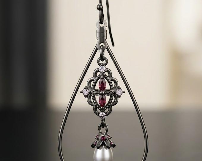 Gunmetal & Ruby Crystal Pearl Teardrop Earrings
