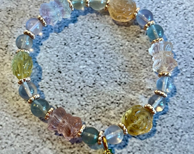 The Alice Bracelet.   natural premium grade fluorite flower carvings and beads natural healing properties jewelry one size fits most