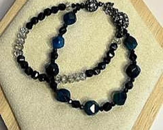 Midnight Clarity: Blue Tiger Eye & Black Agate Double Band Bracelet, cscuriositycupboard