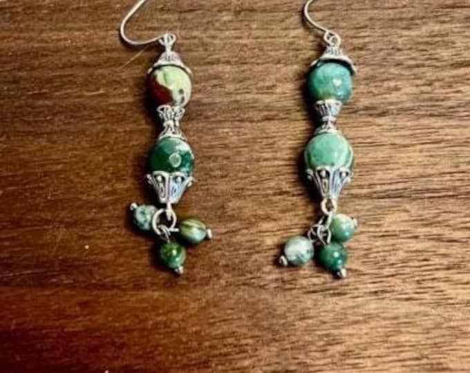 Handcrafted Moss Agate Dangle Earrings: Bohemian Victorian Silver-Plated Filigree Drop Jewelry