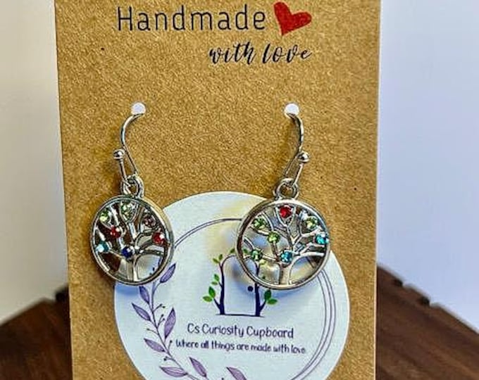 Title: Handmade Silver Tree of Life Dangle Earrings with Vibrant Multi-color Crystals