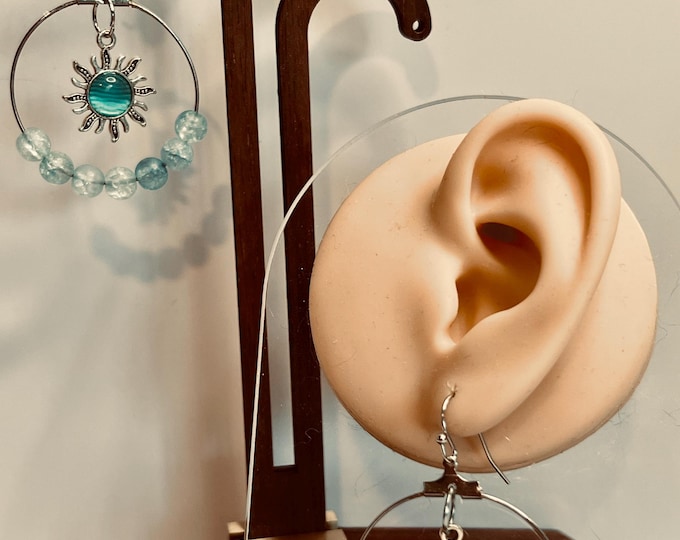Sunburst Celestial Hoop Earrings with Icy Aqua Beads