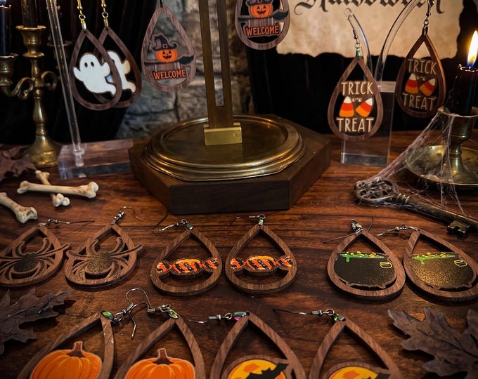 Laser Cut Wood Spooky Characters Earrings