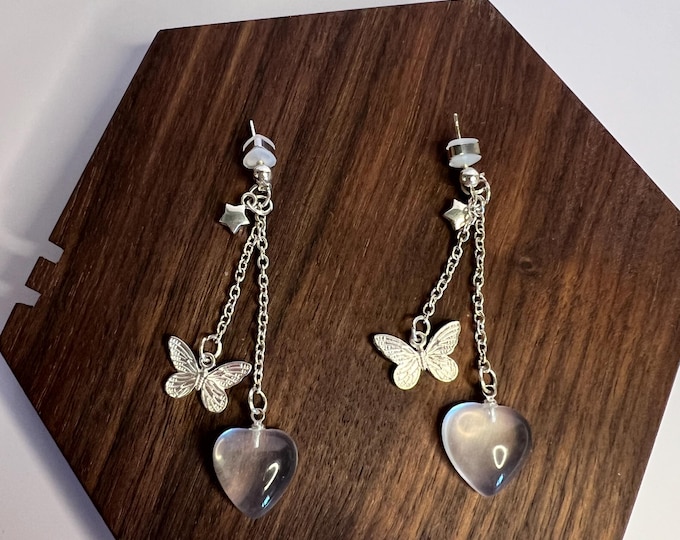Quartz heart Double Chain Earrings, cscuriositycupboard