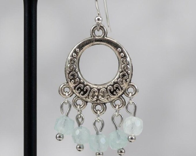 Handcrafted Silver Chandelier Earrings with Light Aquamarine Gemstone Beads